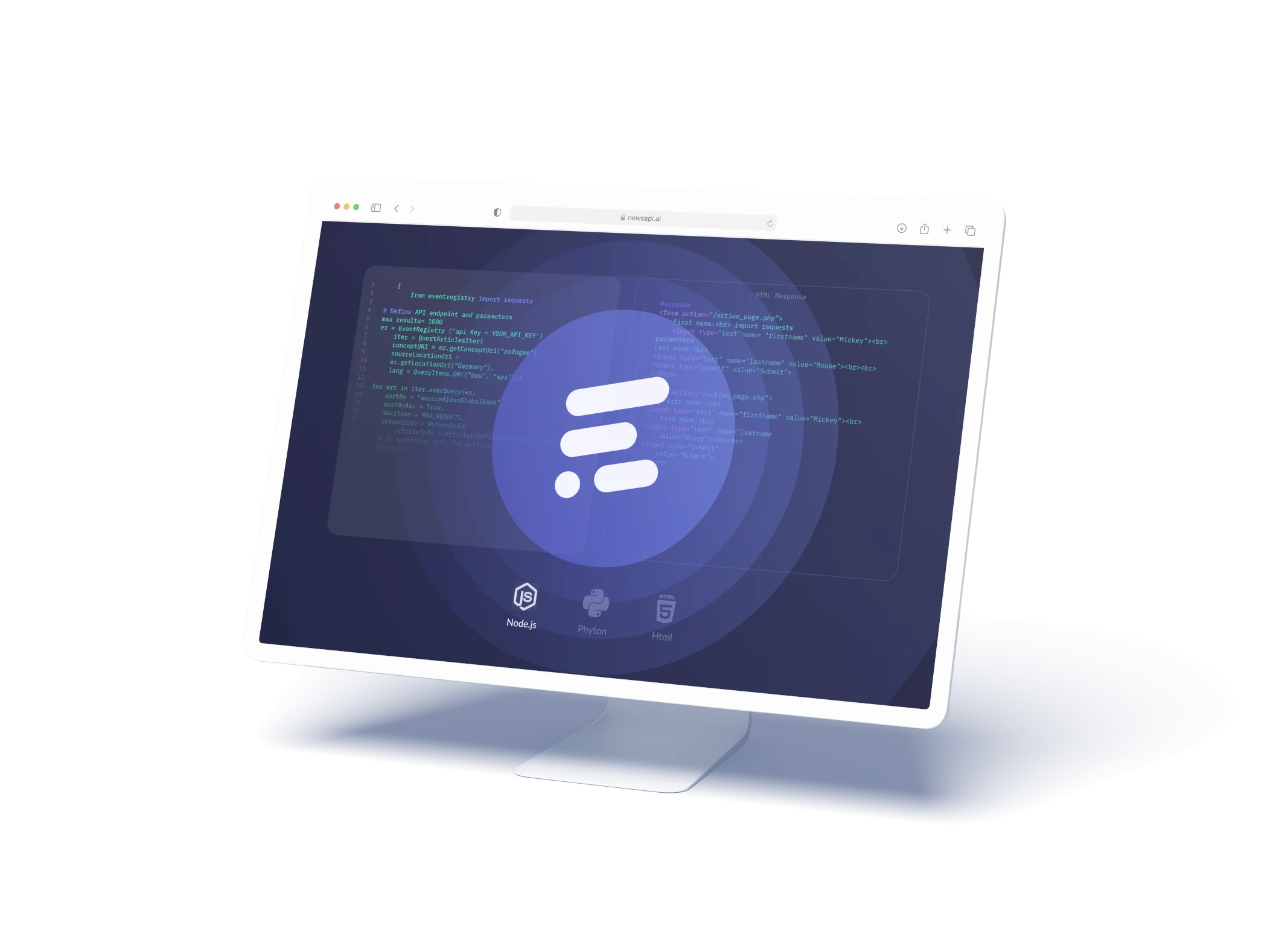 Monitor showing a NewsAPI.ai code example and its JSON response